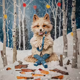 the small furry dog is dressed in blue