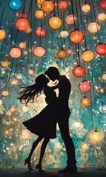 a couple kissing in front of colorful lanterns