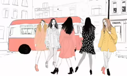 three women walking past a red bus in the city