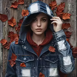 a young woman in jeans jacket standing under leaves
