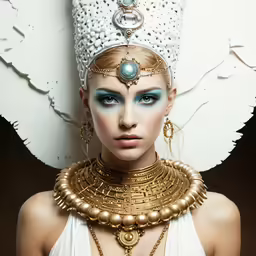 a woman is wearing an elaborate headpiece
