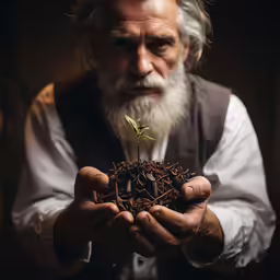 the man is holding up a small plant