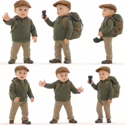 the baby has an army green jacket with a hoodie and is holding his cell phone