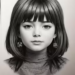 a person with long hair wearing earrings and looking off to the side