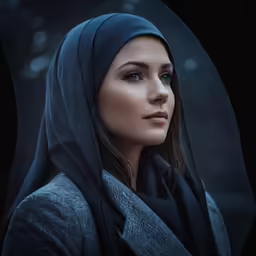 a woman with long hair in a scarf and a shawl