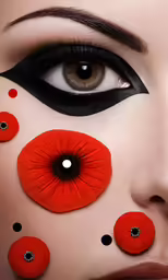 a woman with red, black and white makeup is covered in polka dots