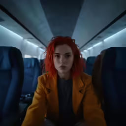 a red haired woman is in an airplane and looking at the camera