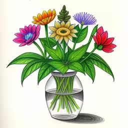 a drawing of flowers in a glass vase,this is a drawing of a flower in a vase,flowers in a clear vase drawn on a white board,the colorful flower is in a glass vase,a drawing of some colorful flowers in a vase