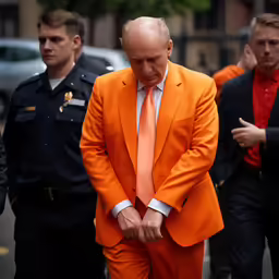 a man wearing a orange suit walks among men in police uniforms