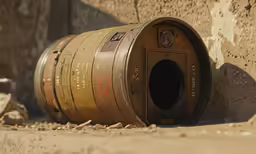 a wooden barrel sitting by the wall