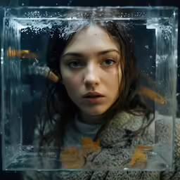 a woman looking out from a clear box, surrounded by yellow fish