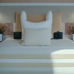 a camera on a bed in a room with several flowers