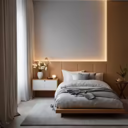 a bedroom with an illuminated headboard and bed