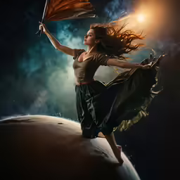 a woman in a brown top is holding a flag