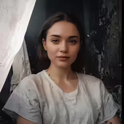 a young woman wearing a white shirt is looking out of the window