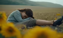 a woman sitting in a field with her head on her hands