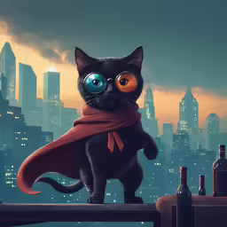 the black cat is wearing blue and orange glasses
