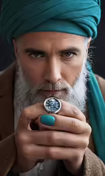 a man with blue hair and wearing a turban looks straight ahead