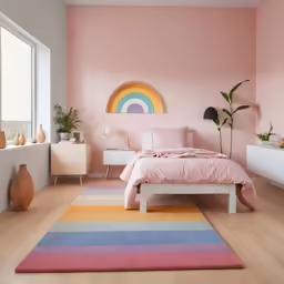 a bedroom painted in pink, gold, blue and green