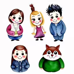 there are four people in different outfits,several children with different emotions standing around,a painting of three people with cats in front of them,a drawing of some people and animals with one woman,four different people in their cute costumes