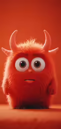 a red hairy creature with big horns in the middle of its face