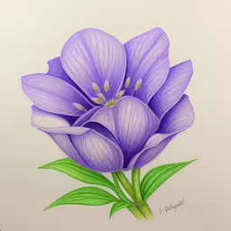 a drawing of purple flowers on white paper,a drawing of a purple flower with leaves,a drawing of a purple flower with green leaves,a drawing of three purple flowers with green leaves,an image of a purple flower that is featured in this drawing