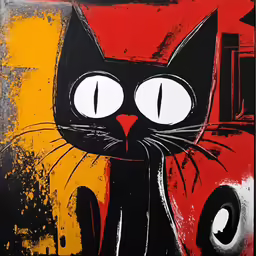 a black cat with yellow eyes on a red and yellow square