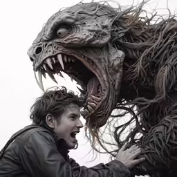 a young man wearing leathers is next to a large monster sculpture