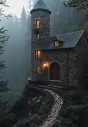 this is a foggy morning with an illuminated stone house on a mountain