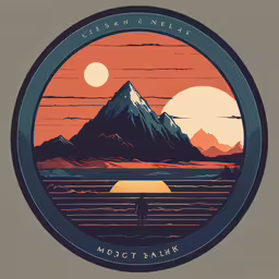 an art decoist styled artwork of a mountain with a lake and sun in the background,a poster for a hotel with mountains and sky in the background