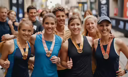 several people in race wear holding medals and smiling