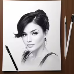 a pencil drawing of a woman on paper with a pen