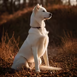 the white dog is sitting in the field