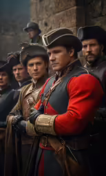 a line of men in period clothing posing for a photo