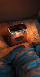 there is a silver device sitting on a bed