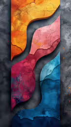some blue and red artwork on top of a table,an abstract painting of various colors on concrete