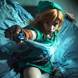a girl dressed in green with an arrow in her hand