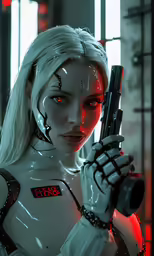 a woman with gun in futuristic suit with light shining through