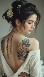 a woman with a large, tattooed back tattoo is looking back