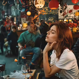 a woman looking into the distance while sitting at a table