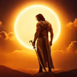a character in a game with an enormous sun