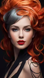 a woman with red hair is looking in the camera