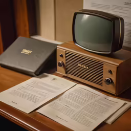 an old fashion tv sitting on top of a wooden desk