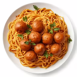 a plate full of spaghetti with red sauce and several small potatoes