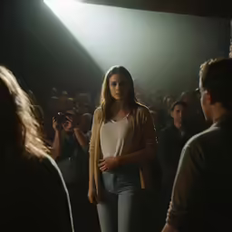 a woman standing under spotlights with many people around