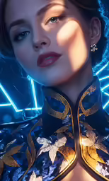 a woman wearing blue and gold looks ahead
