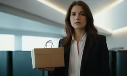 a woman wearing a business suit carrying a cardboard bag in an office