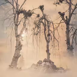 the sunlight shines through a fog covered forest