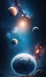 people standing in the middle of space with planets