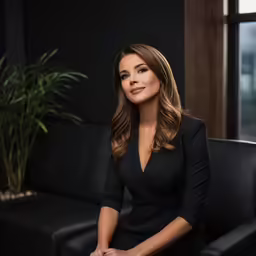 a woman in black dress sitting on a couch